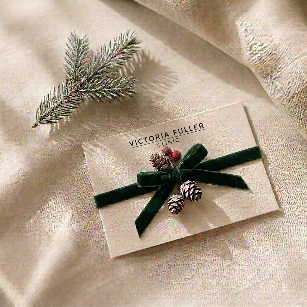 Victoria Fuller Clinic e-gift card tied with a green ribbon and frosted pine